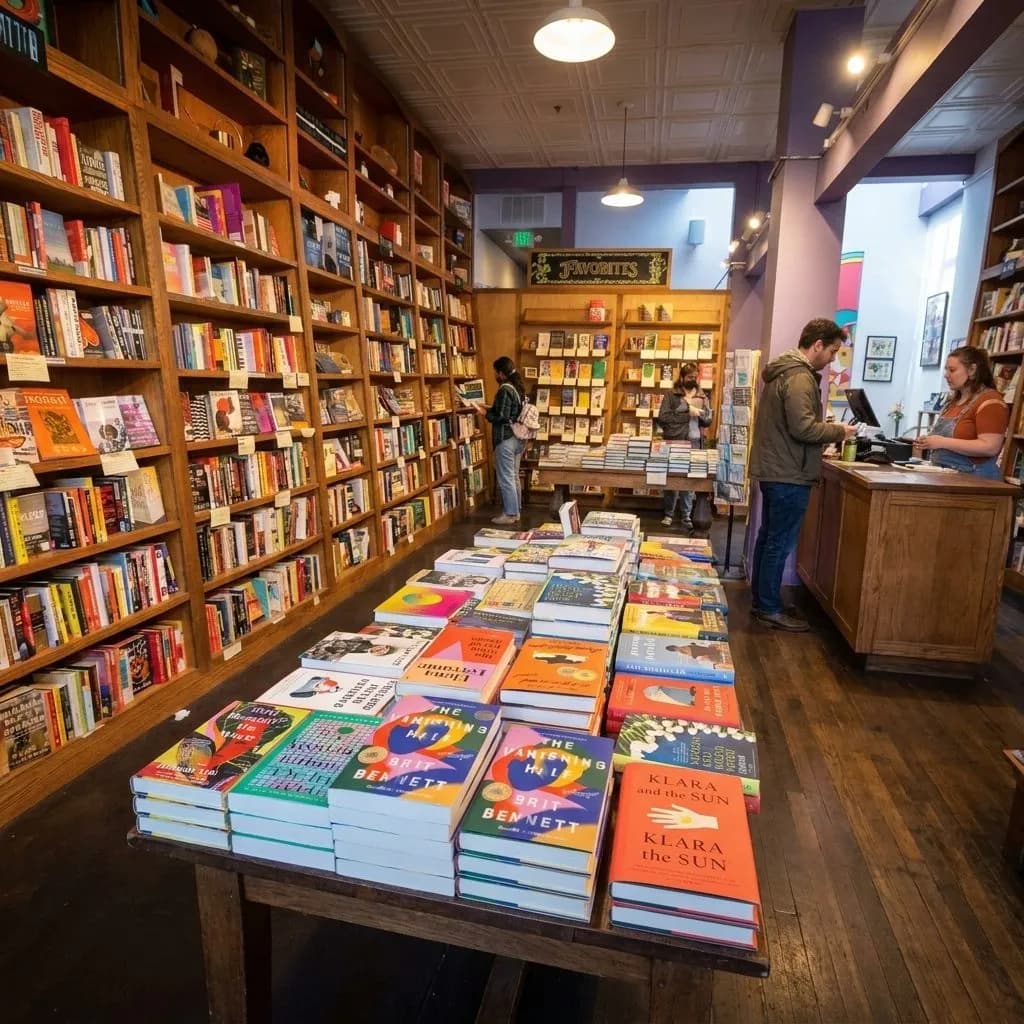 Inside a neighborhood bookstore in San Francisco with readers browsing nearby