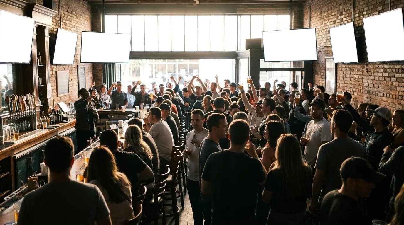 A crowded San Francisco bar in daytime with several screens showing a game, people standing shoulder to shoulder facing the same direction with drinks raised