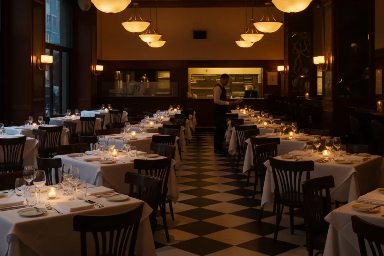 Empty Midtown brasserie dining room after final service