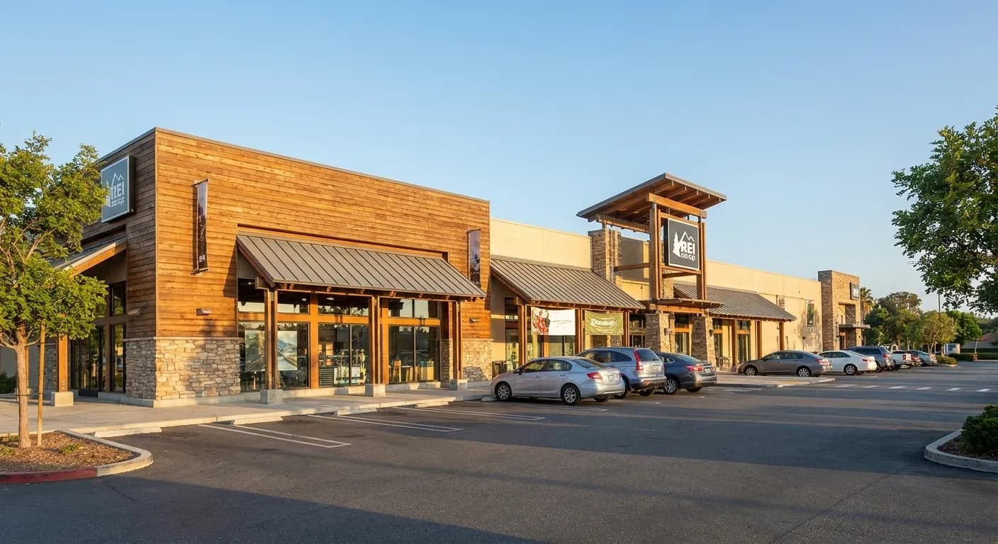 REI Co-op storefront in Marina del Rey with parking lot and clear sky