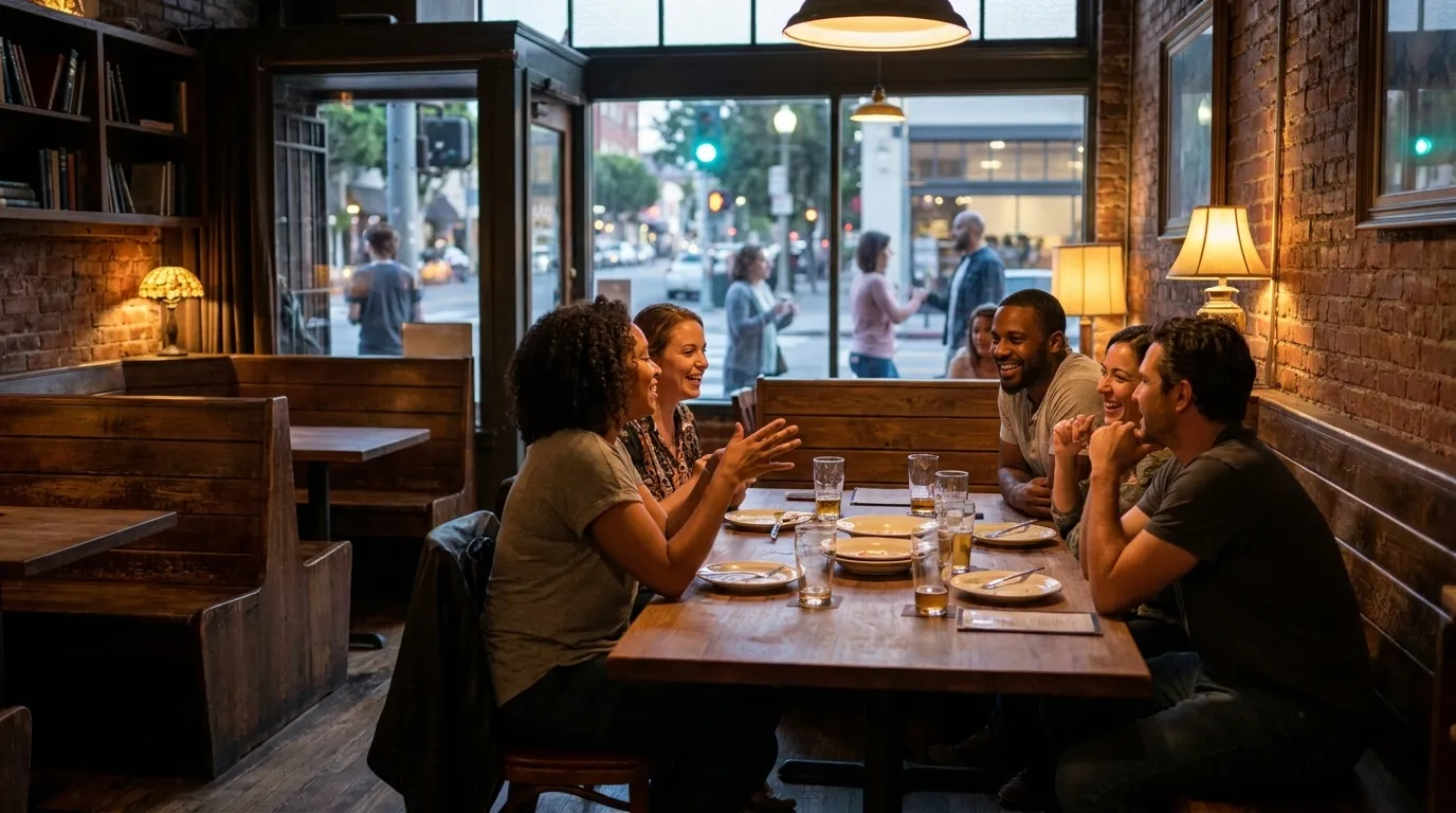 Cozy restaurant booth with warm lighting perfect for small group conversations in Los Angeles