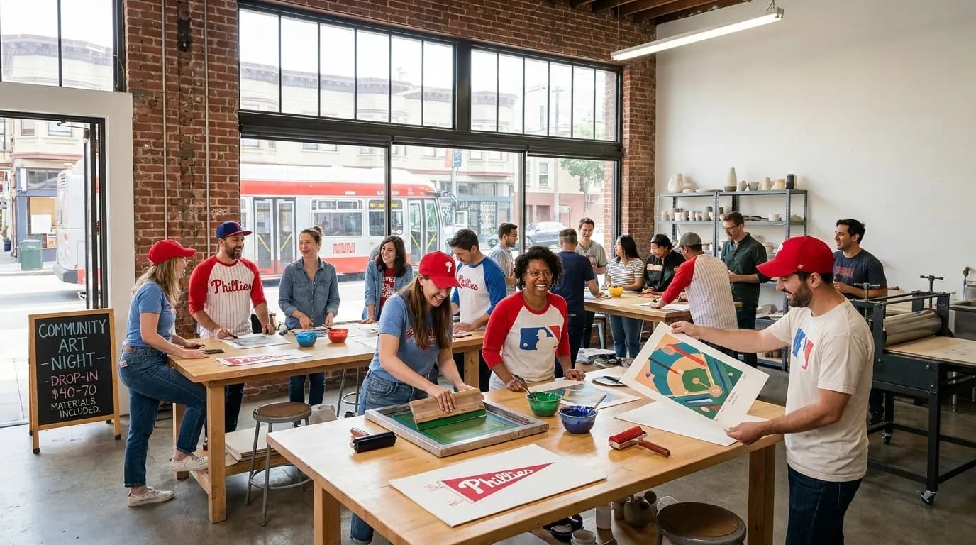 Hands working on baseball-themed art prints at a community workshop table in San Francisco