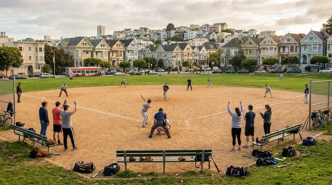 Baseball diamond with players in casual pickup game at San Francisco public park