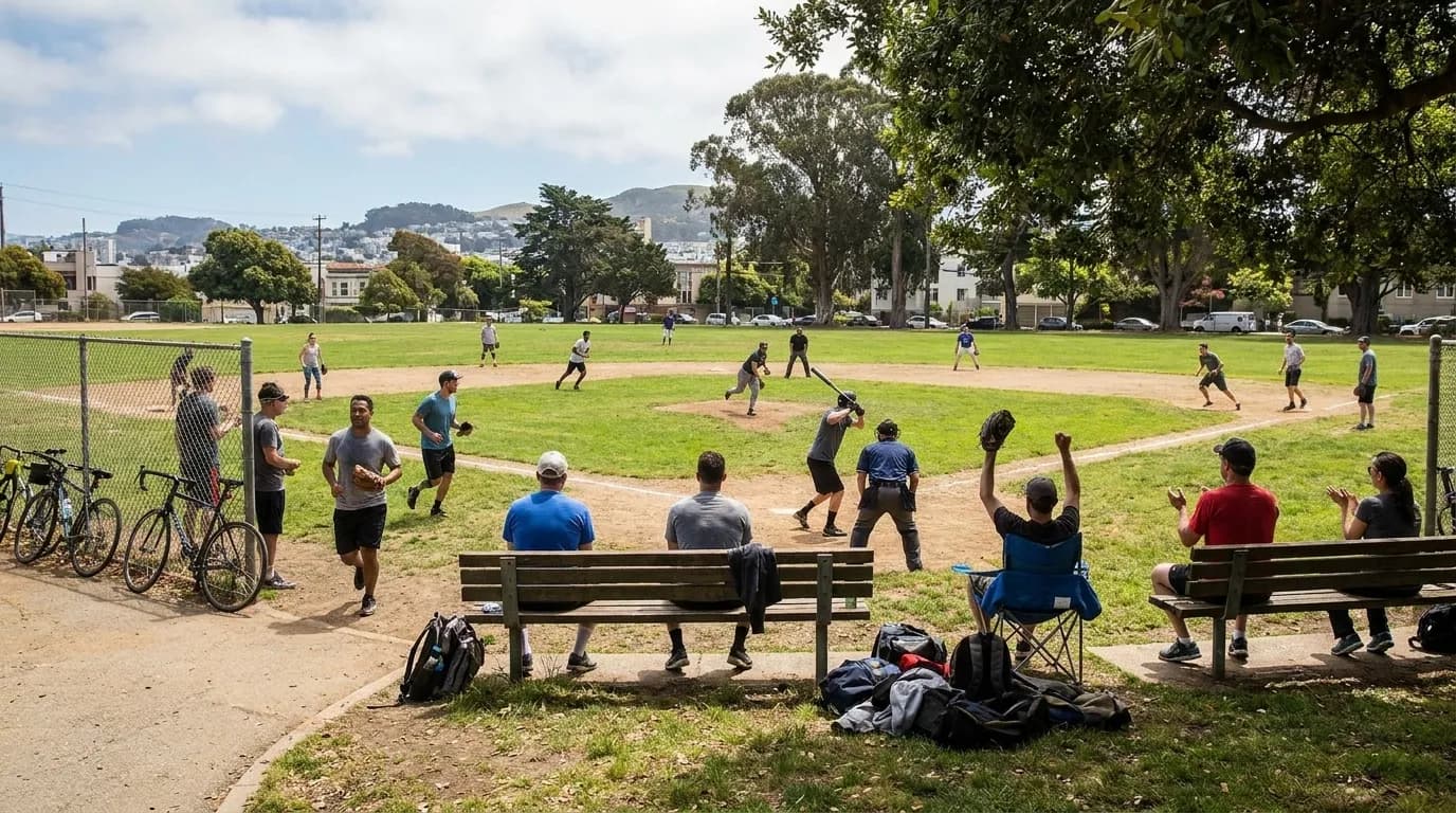 San Francisco Muni train passing near park with baseball field in background