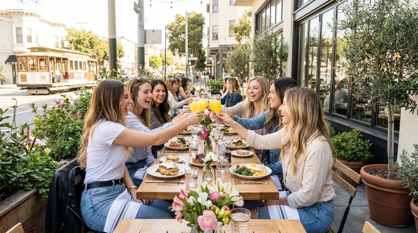 Bright San Francisco brunch table with mimosas and natural light for friend group celebration