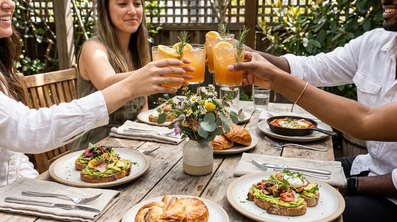 Garden patio brunch setting in San Francisco neighborhood with string lights and greenery