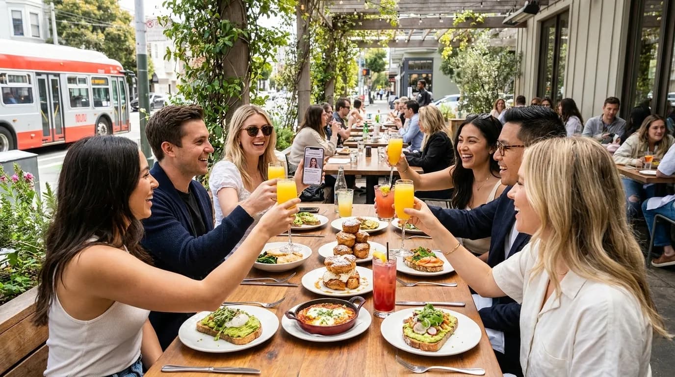 Friend group toasting with mimosas at sunny San Francisco brunch table