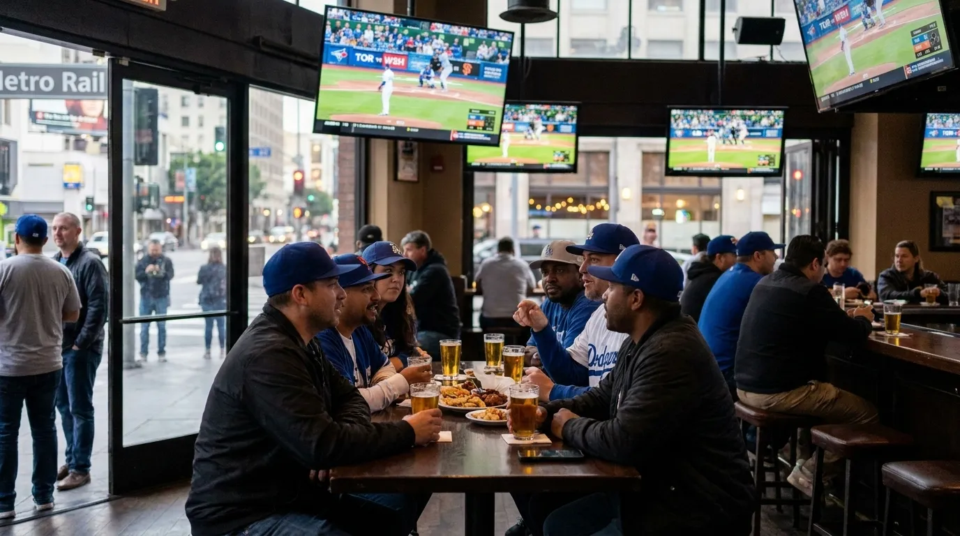 Group of friends watching baseball game at sports bar with multiple television screens