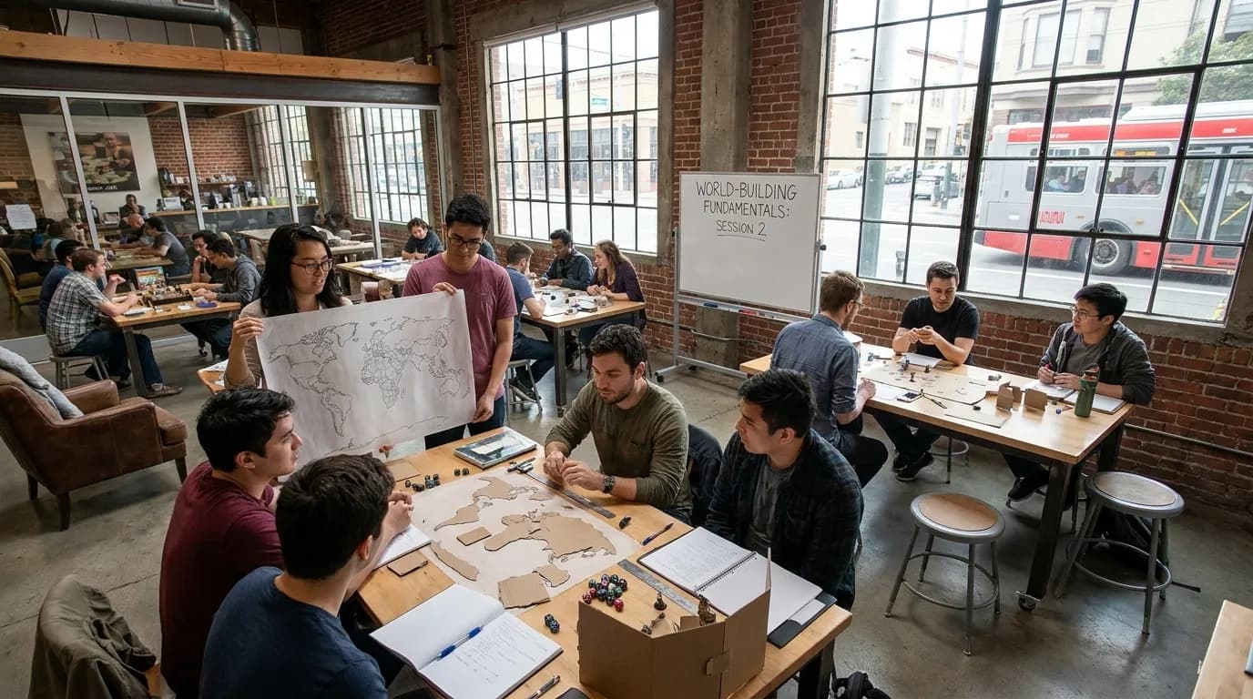 Tabletop game design materials including dice, maps, and character sheets spread across a workshop table in San Francisco