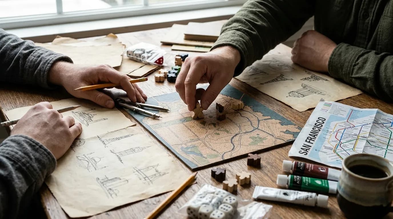 Participants collaborating on tabletop game prototypes with maps and tokens at a San Francisco maker space