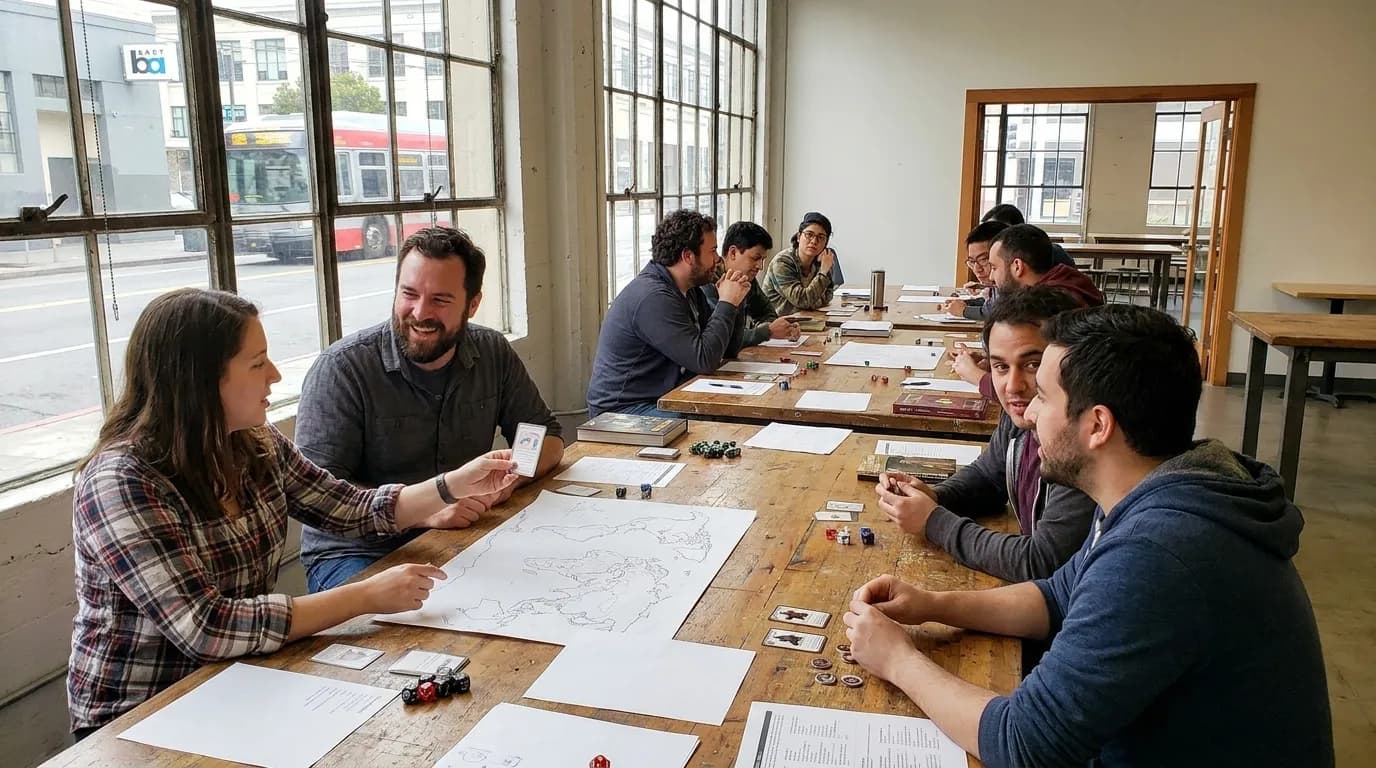 Hand-drawn tabletop game map with terrain features and player paths on a workshop table