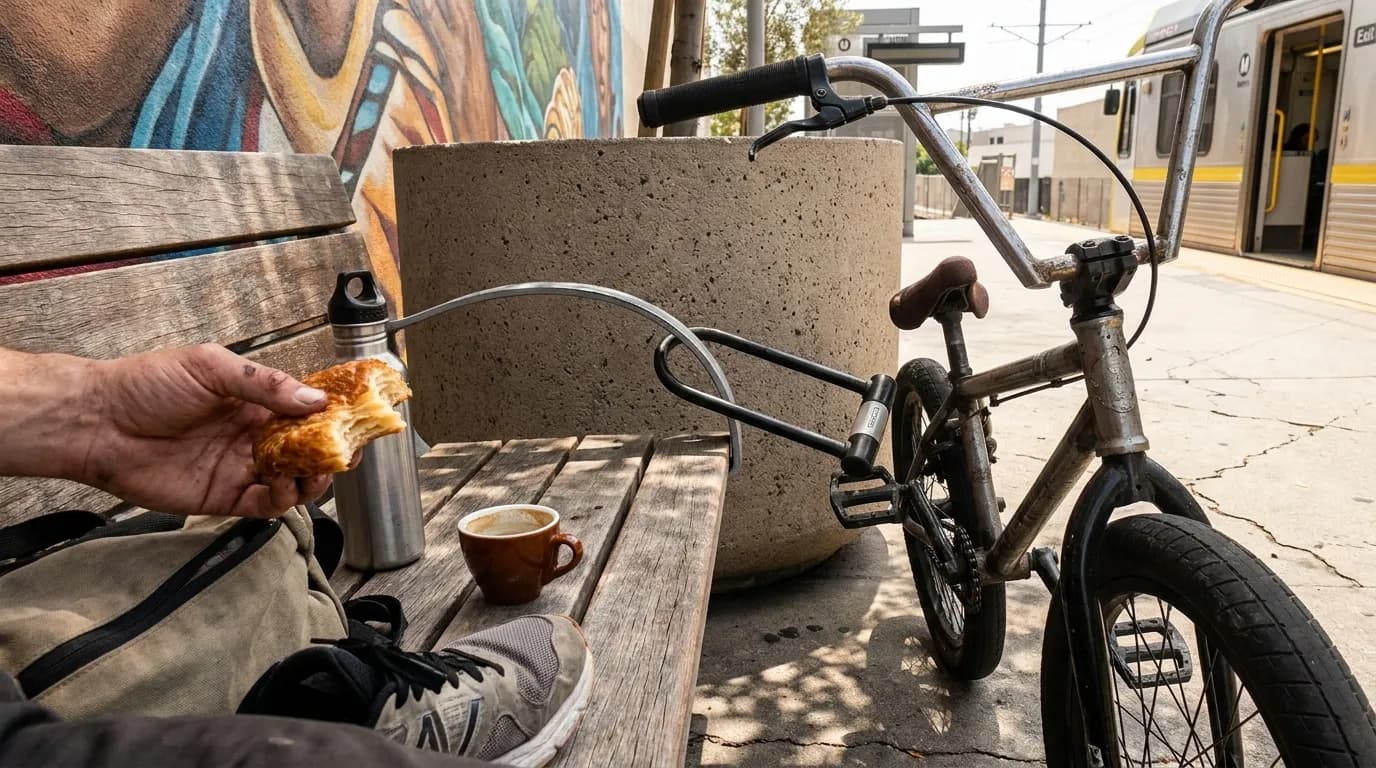 Outdoor cafe table with iced coffee and pastries next to a bicycle locked to a street rack in Los Angeles