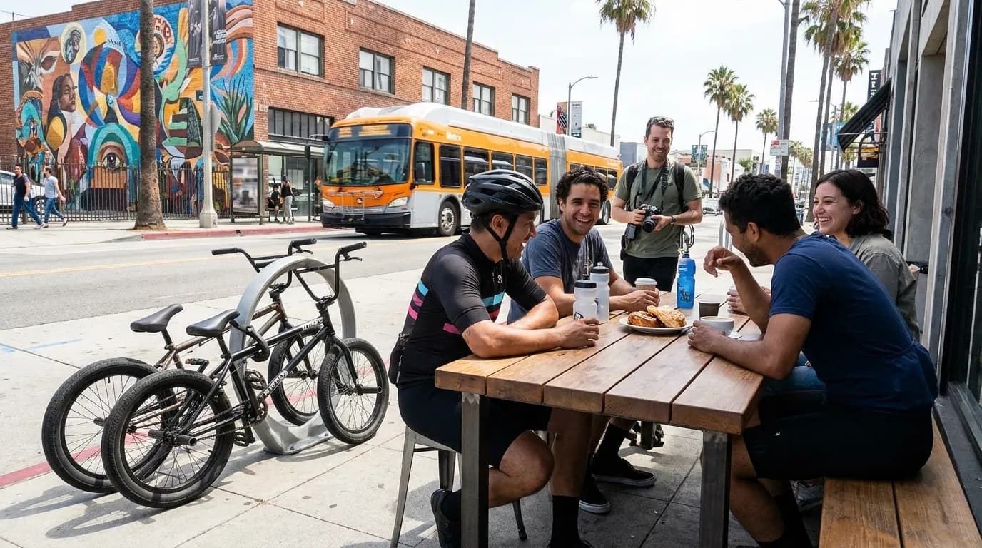 Vibrant street mural in Los Angeles Arts District with bike lane and pedestrians