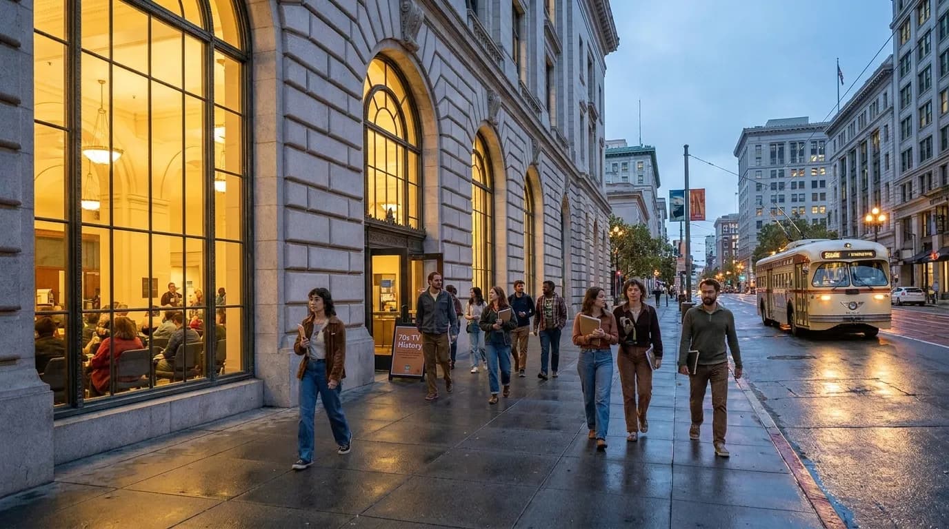 San Francisco Public Library main branch exterior with visitors entering for free programming