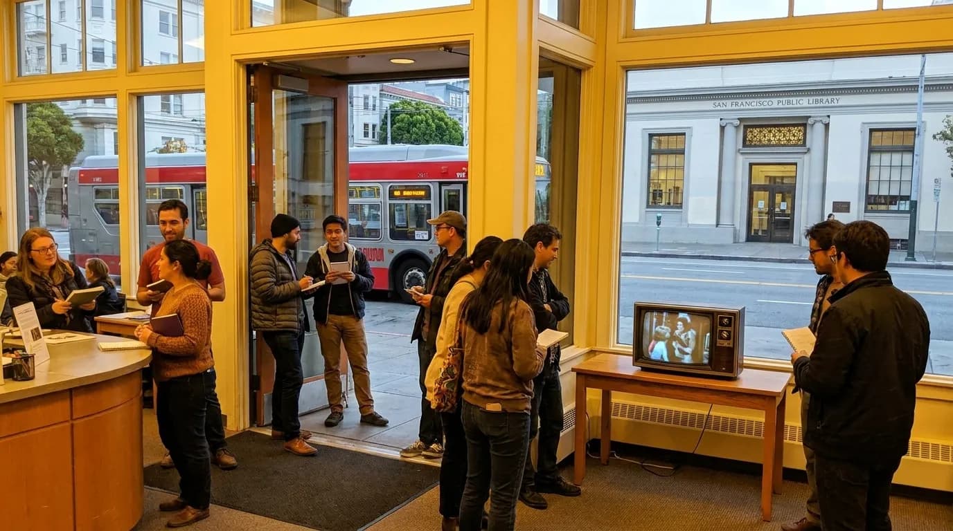 San Francisco Public Library event space set up for community film screening with rows of chairs