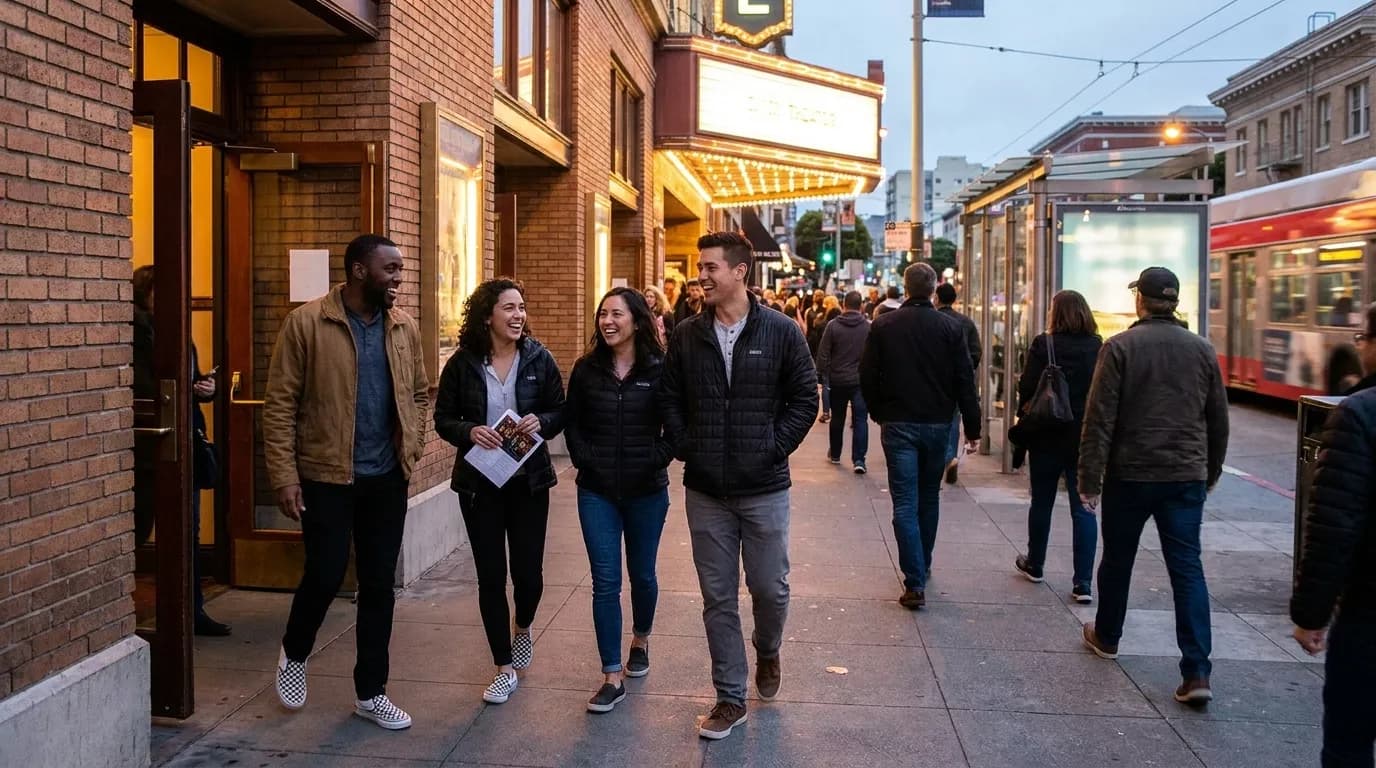 Tenderloin comedy club entrance with chalkboard listing evening showtimes and walk-up seating availability