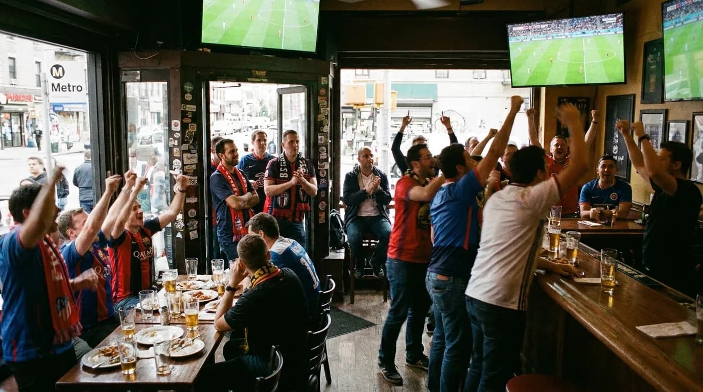 Sports bar patio in Los Angeles with outdoor screens and soccer fans watching match