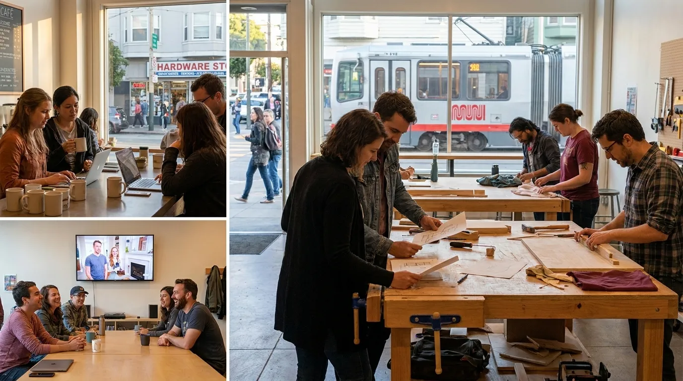 DIY enthusiasts reviewing home renovation plans and design books at San Francisco café watch party