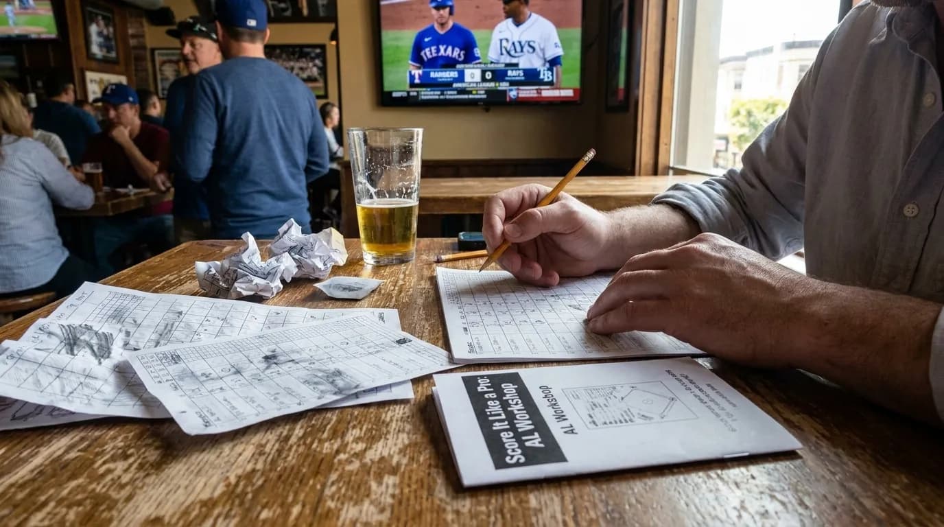 Close-up of hands filling out baseball scorecard grid with pencil during American League game