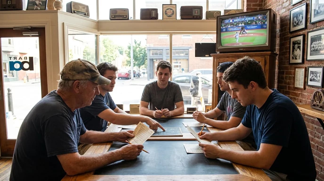 Baseball-themed bar interior with multiple screens showing archived American League games and scorecard materials on tables