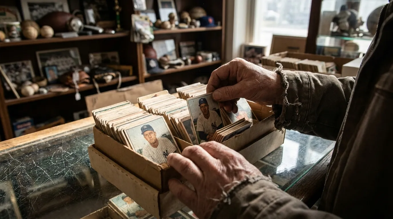 Collector examining vintage baseball cards and memorabilia in San Francisco vintage shop