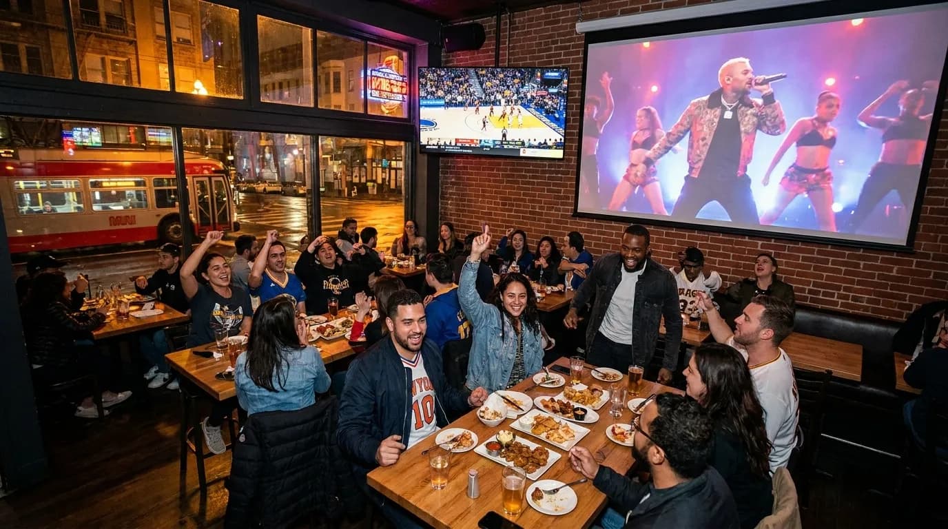 Large screen display in San Francisco sports bar with group seating for music and sports viewing parties