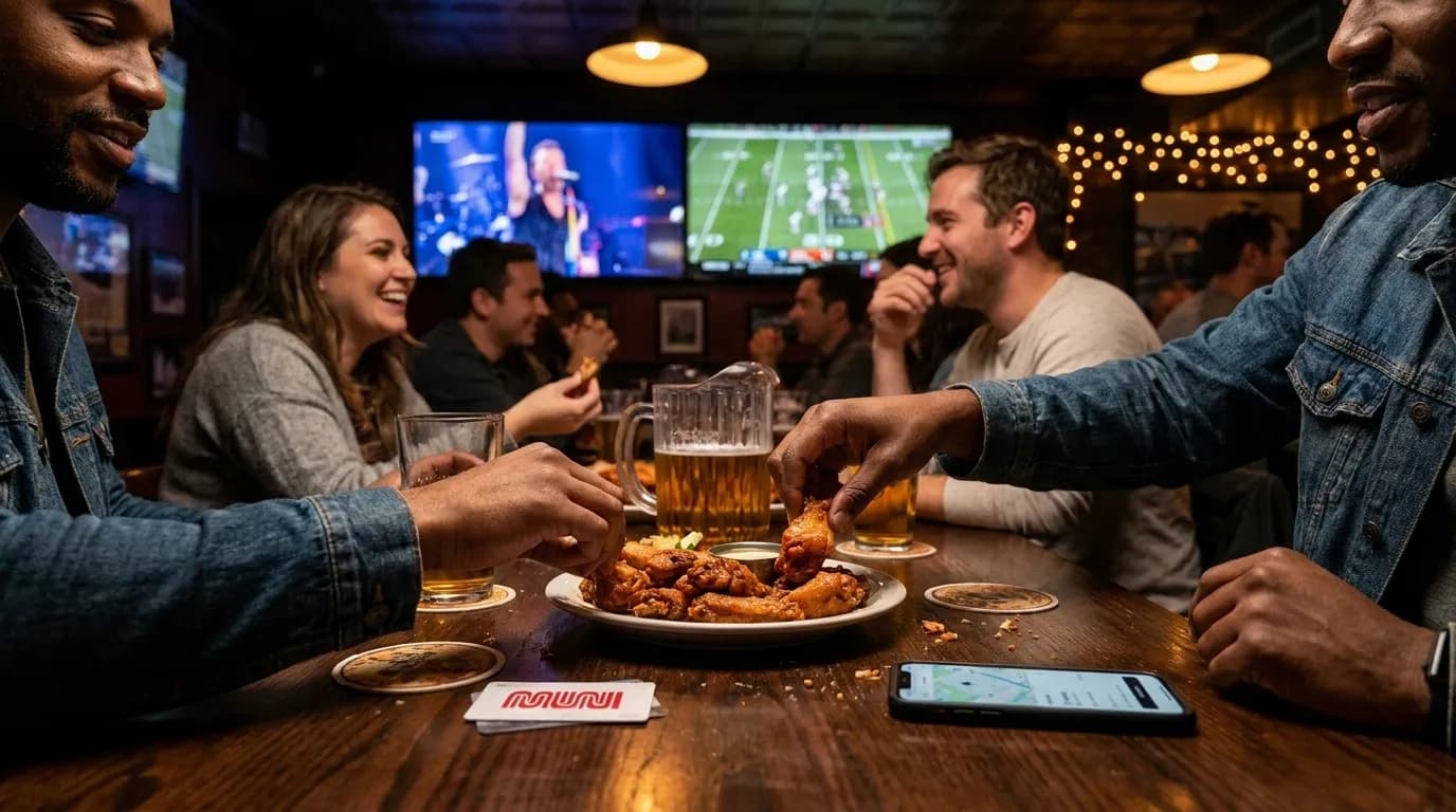 Group of friends watching music event on multiple large screens in San Francisco sports bar setting