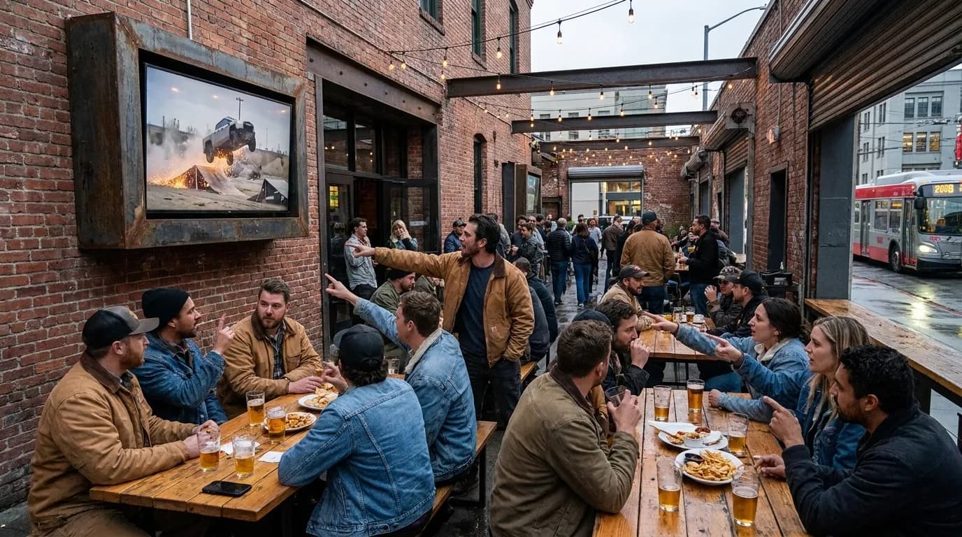 Outdoor bar seating area in San Francisco with large screens visible for group gatherings