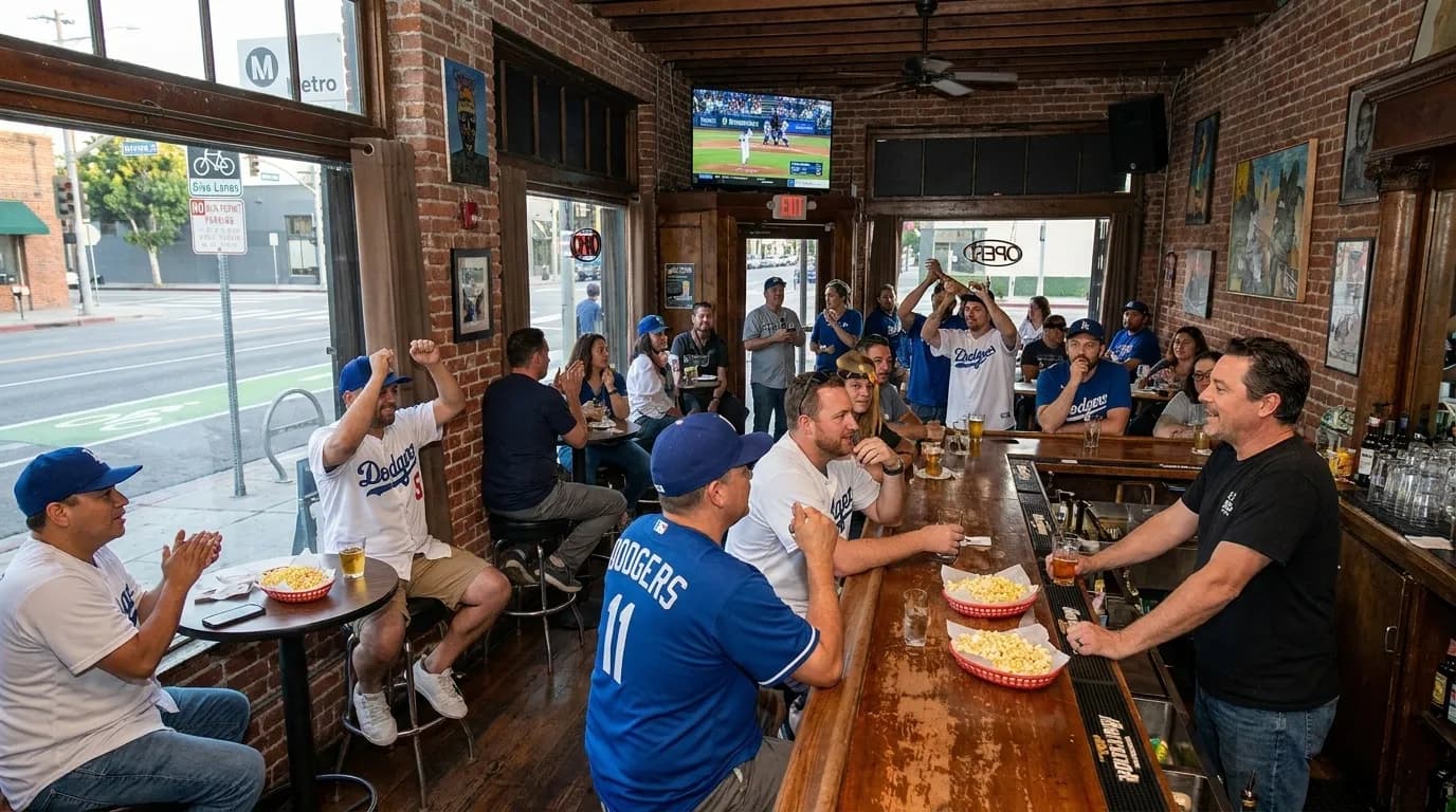 Dimly lit neighborhood bar interior with single television showing baseball game and empty bar stools