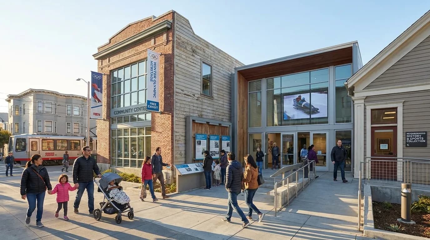 Museum exhibit space showcasing winter Olympic sports history and bobsled heritage in San Francisco