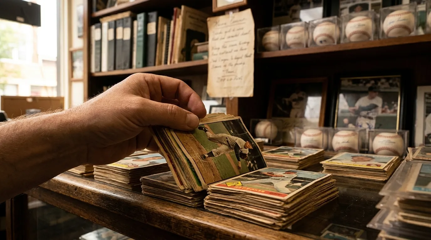 Baseball card collector examining vintage cards with magnifying loupe in Los Angeles shop