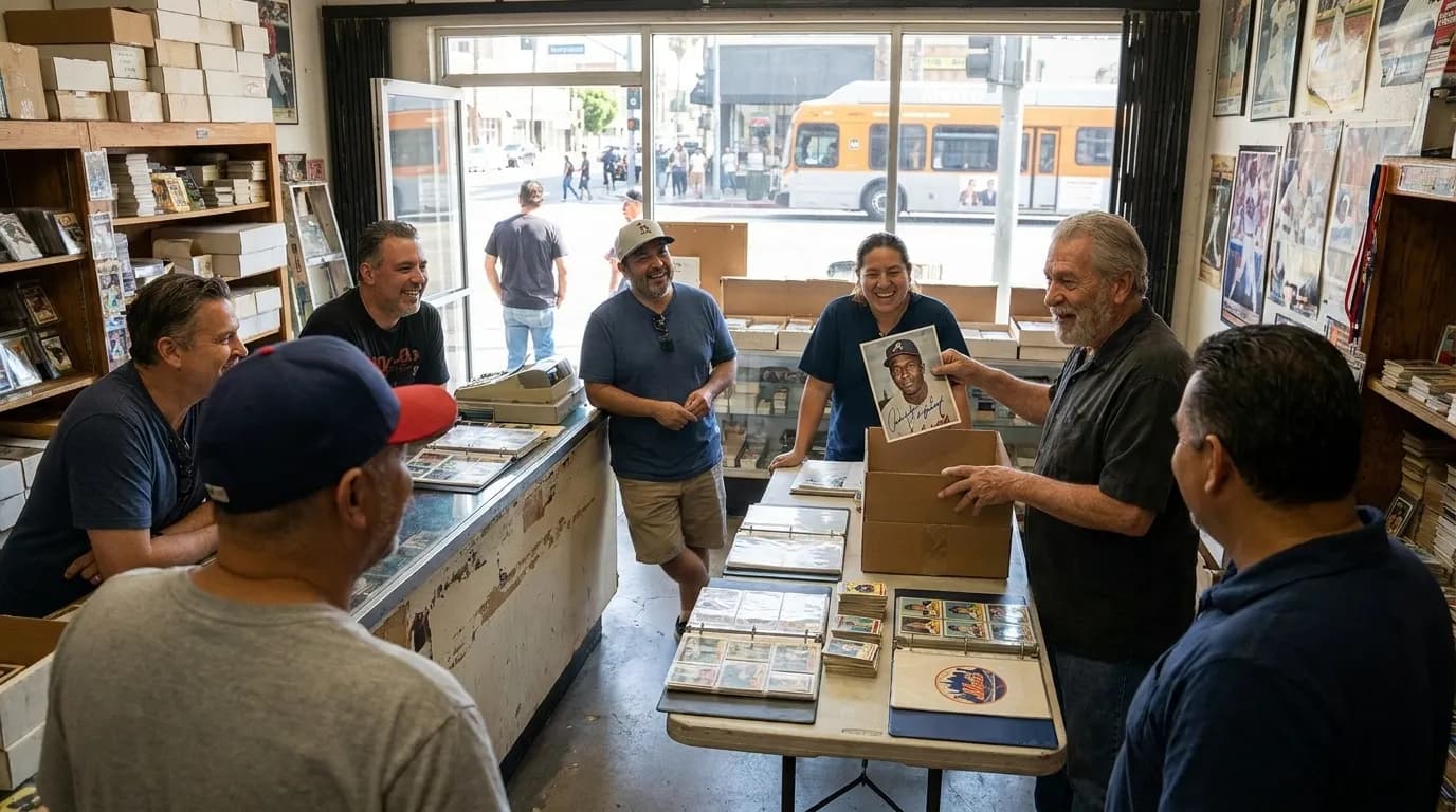 Rows of organized baseball card binders and display cases in Los Angeles memorabilia shop