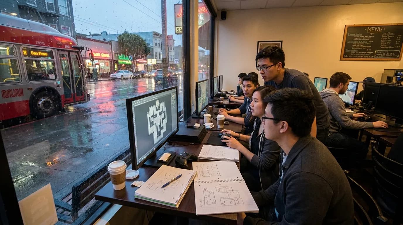 Gaming café interior with console stations and collaborative workspace for Halo creative workshops in San Francisco