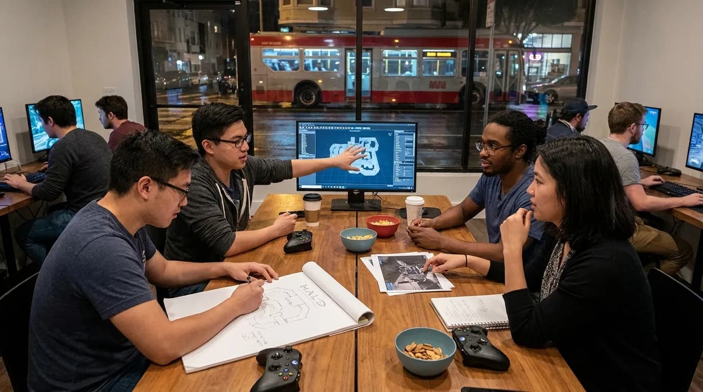 Console gaming station with Halo Forge mode interface and sketching materials at San Francisco community space
