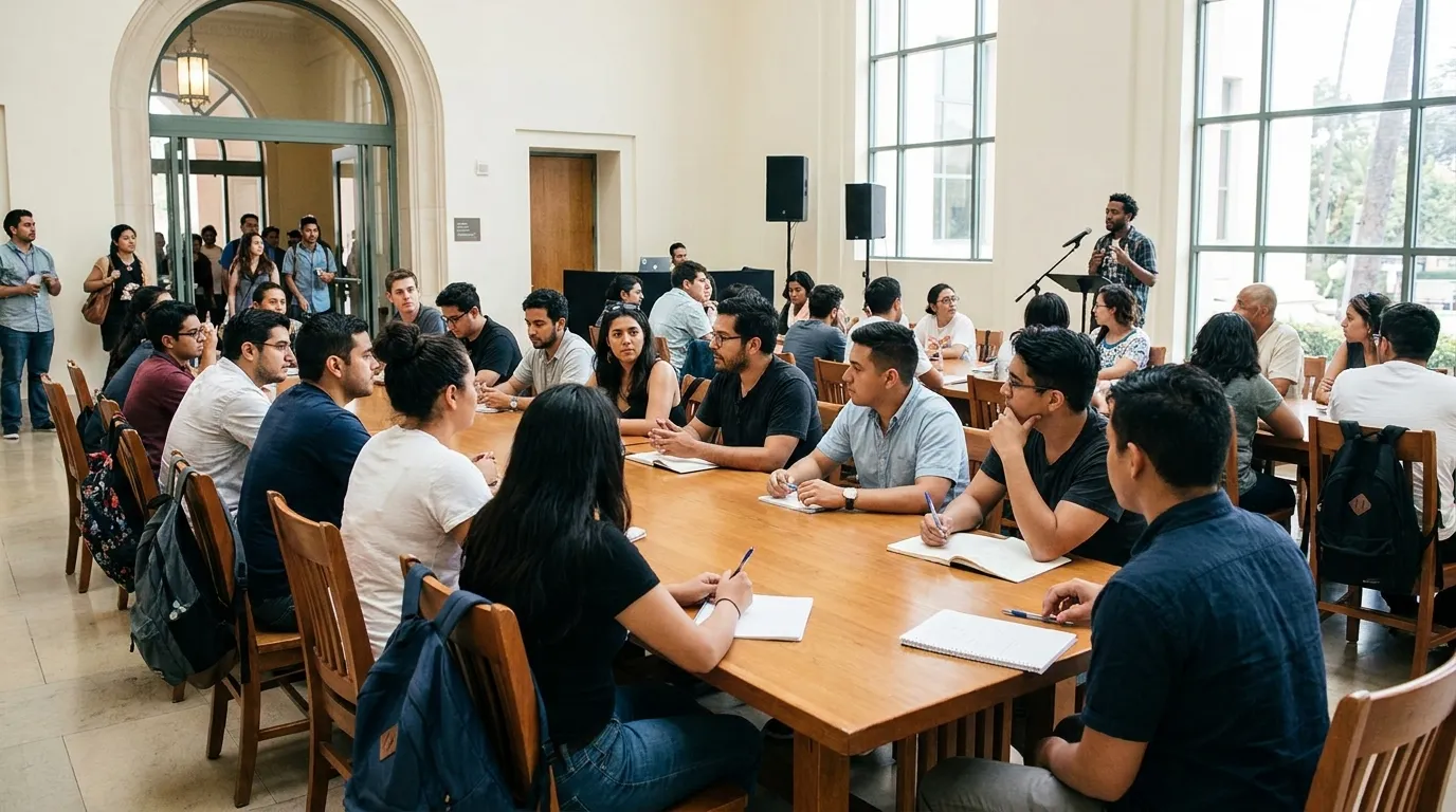 Community room with chairs arranged for film discussion panel at Los Angeles public venue