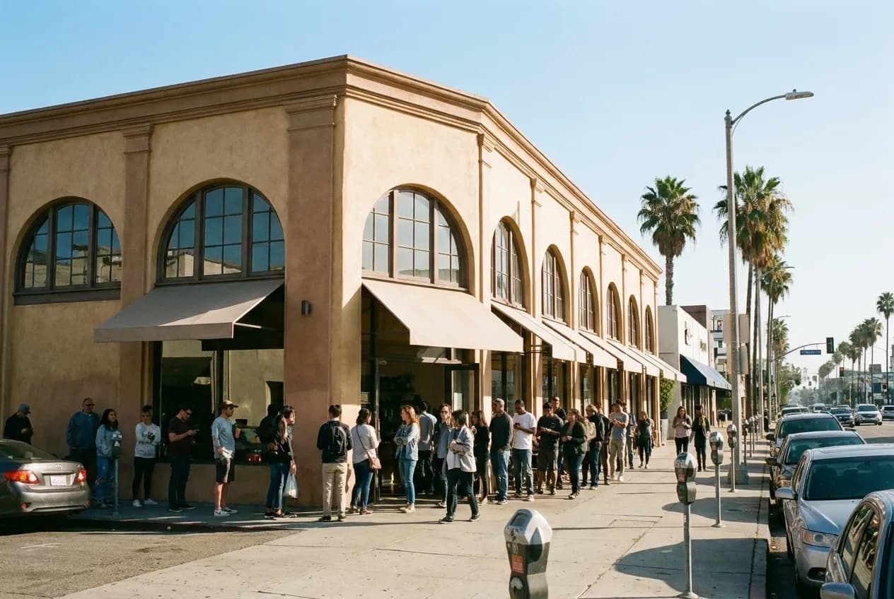 Morning sidewalk scene outside a historic cafe building on La Brea Avenue in Los Angeles