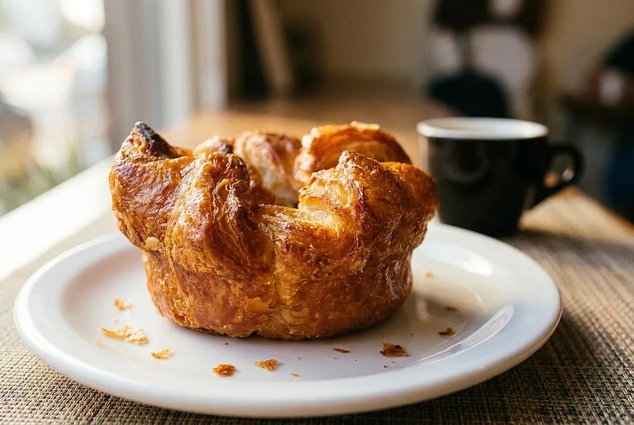 Close-up of a caramelized kouign-amann pastry with visible flaky layers on a white plate