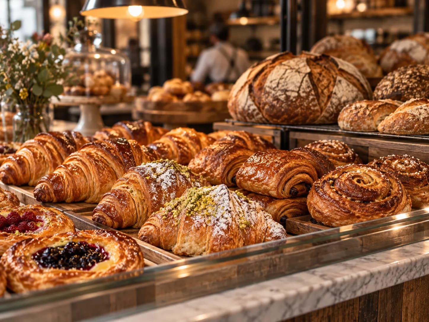 A bakery counter case filled with laminated pastries and rustic loaves under warm overhead light