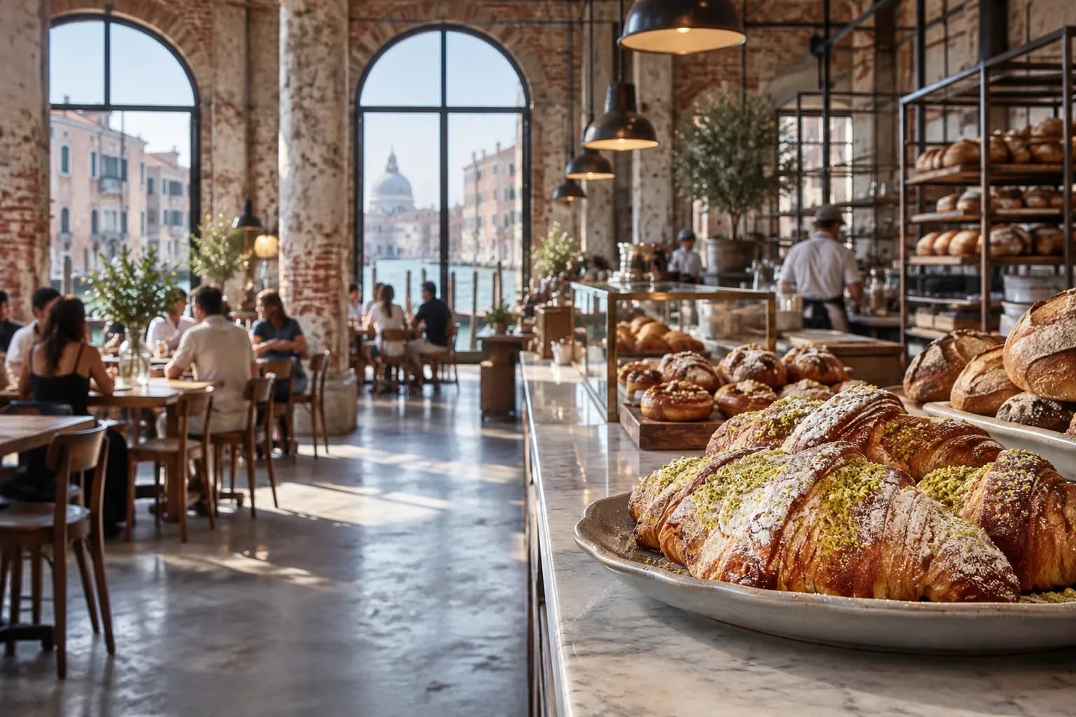 A large warehouse-style bakery space in Venice with high ceilings, communal tables and a long service counter