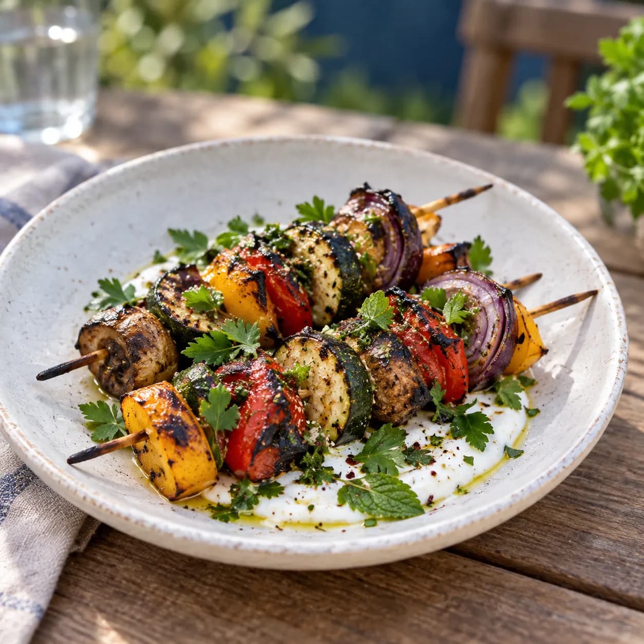 A plate of charred vegetable skewers with herbs and yoghurt on a pale ceramic dish