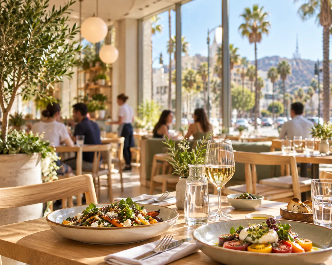 A bright modern restaurant interior with pale wood, plants and large windows facing a Hollywood boulevard