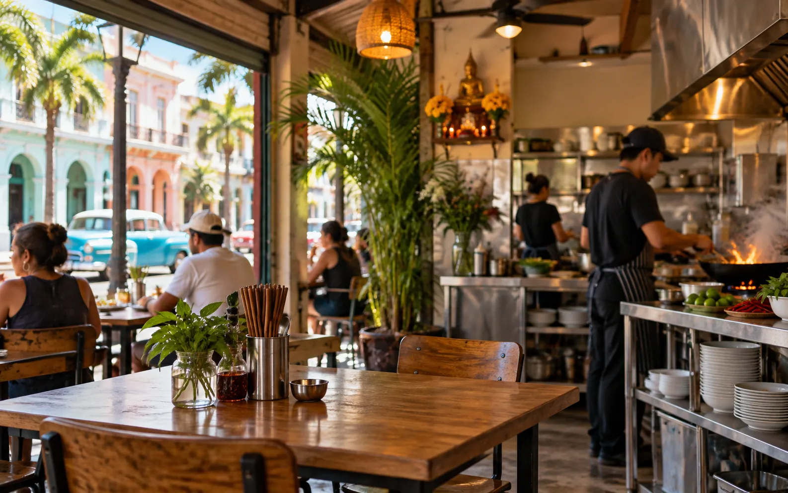 A small casual Thai restaurant interior on a Little Havana street with plain tables and an open kitchen