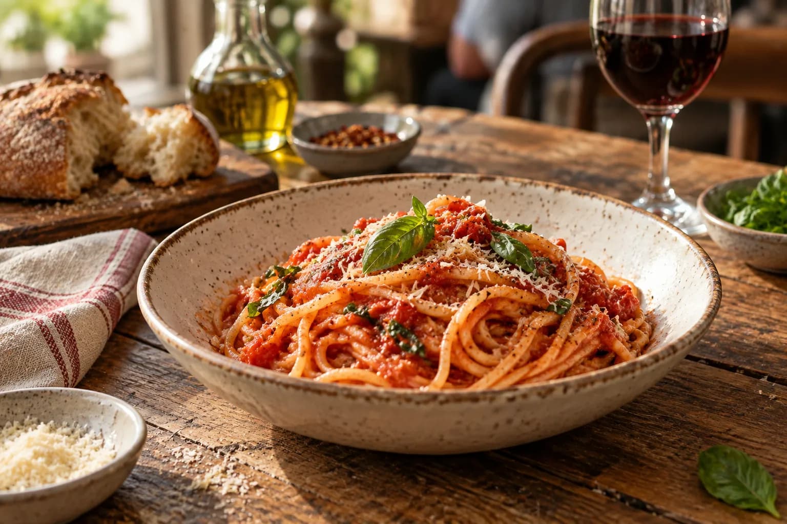 A shallow bowl of spaghetti in tomato sauce with a torn basil leaf on a rustic wooden table