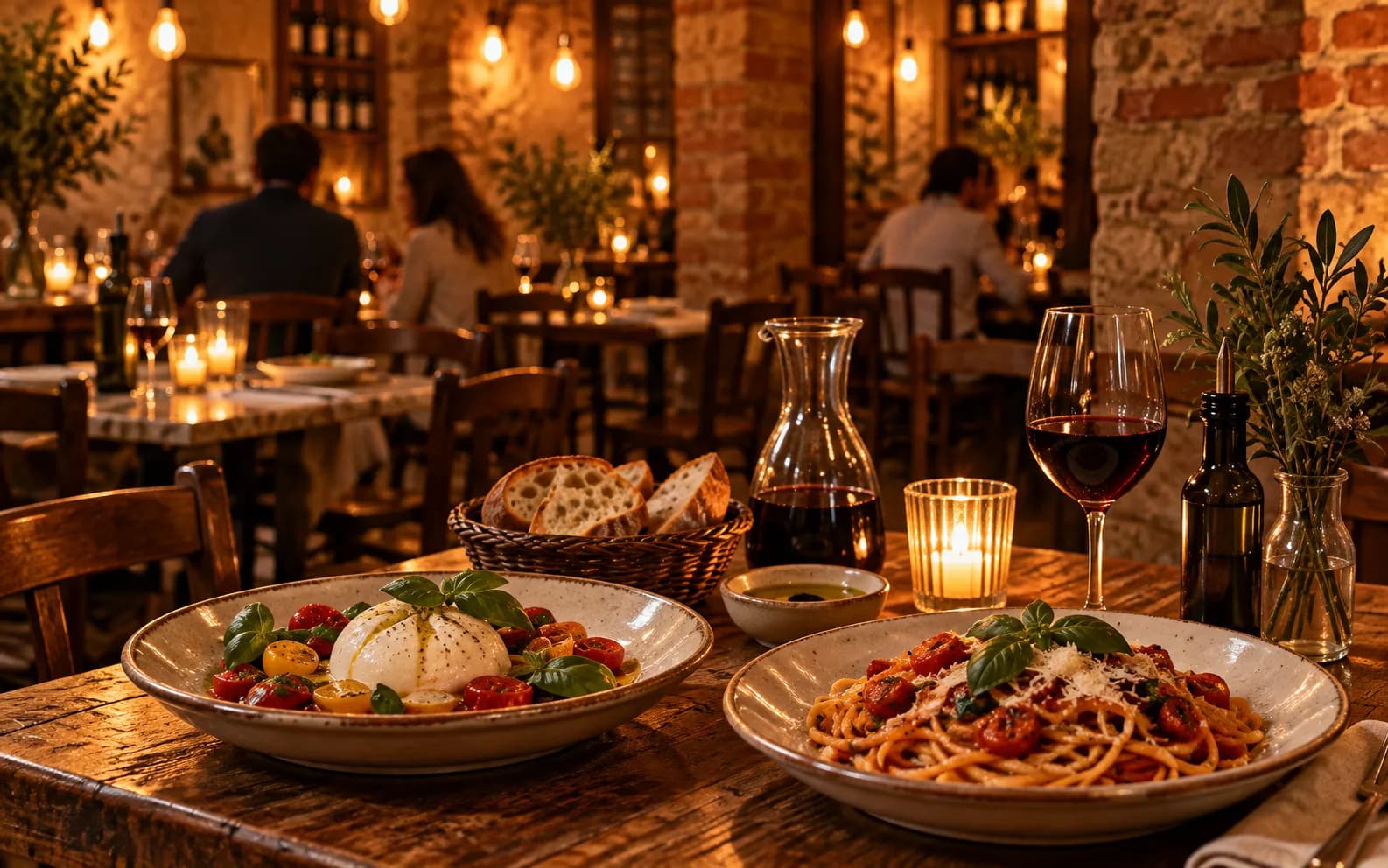 A warm low-lit Italian trattoria interior with brick, exposed bulbs and closely spaced wooden tables