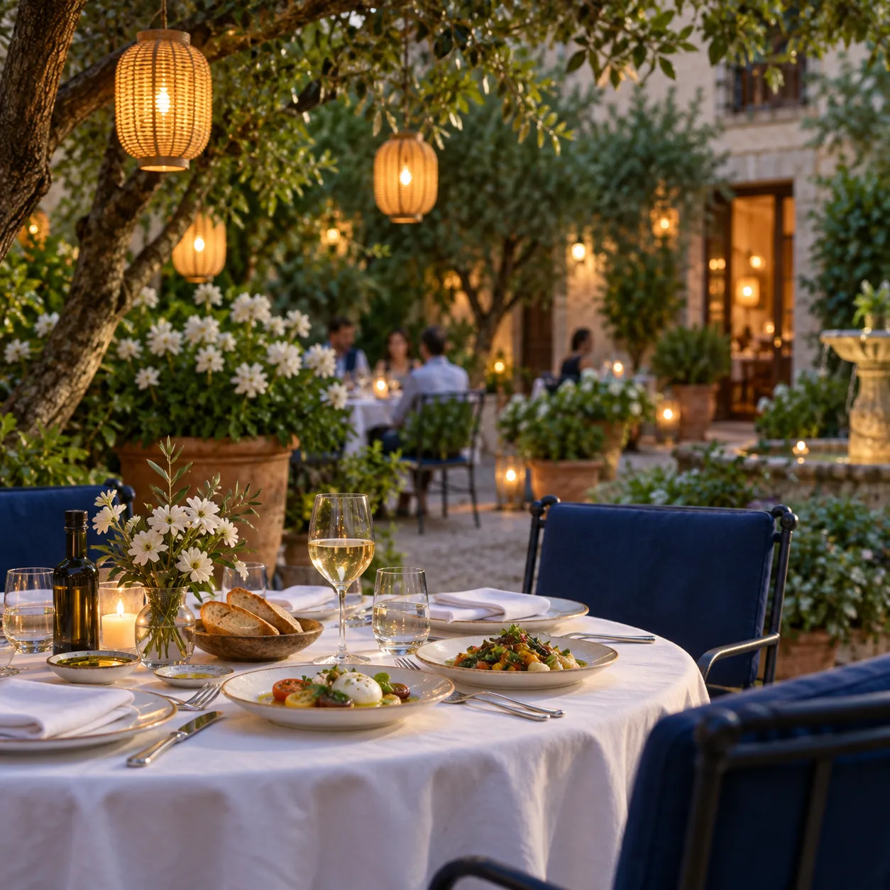 A table set under lanterns in a lush garden courtyard with deep blue chairs and white linen