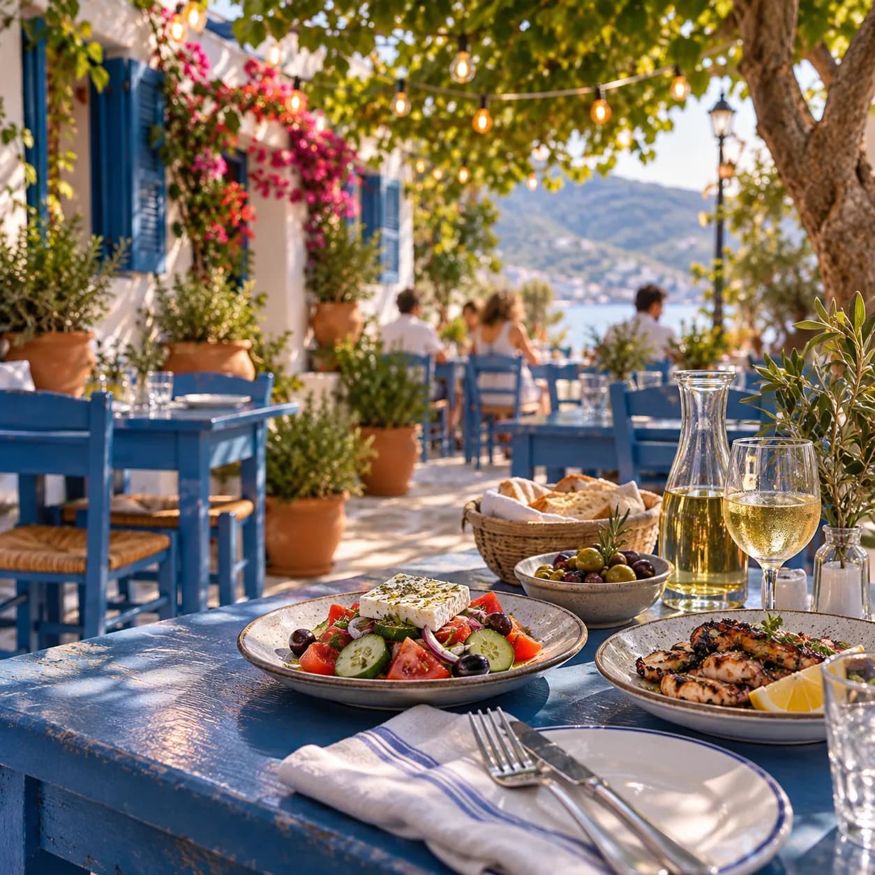 A Mediterranean restaurant garden terrace with blue-painted furniture, potted plants and string lighting