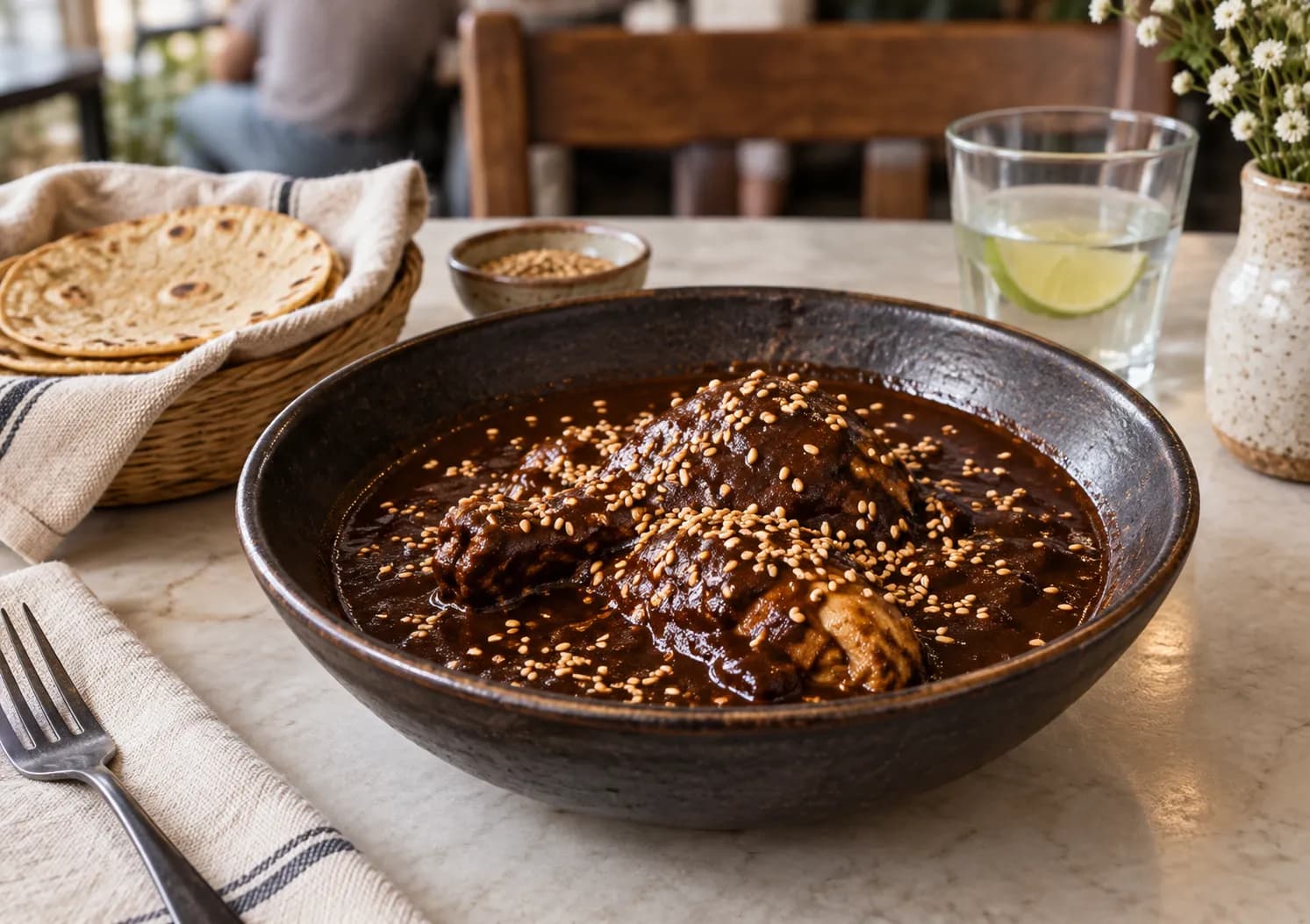 A dark ceramic bowl of mole with chicken, sesame seeds scattered across the surface, on a pale table