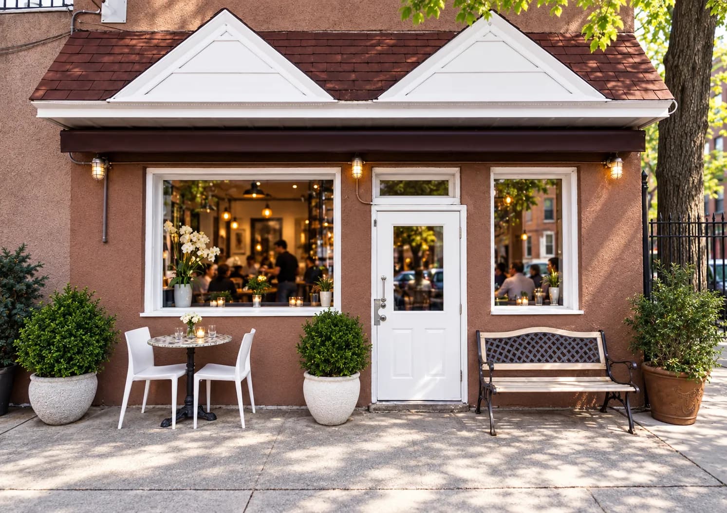 The Casa Enrique storefront on 49th Avenue in Long Island City with its awning, window seat and pavement bench