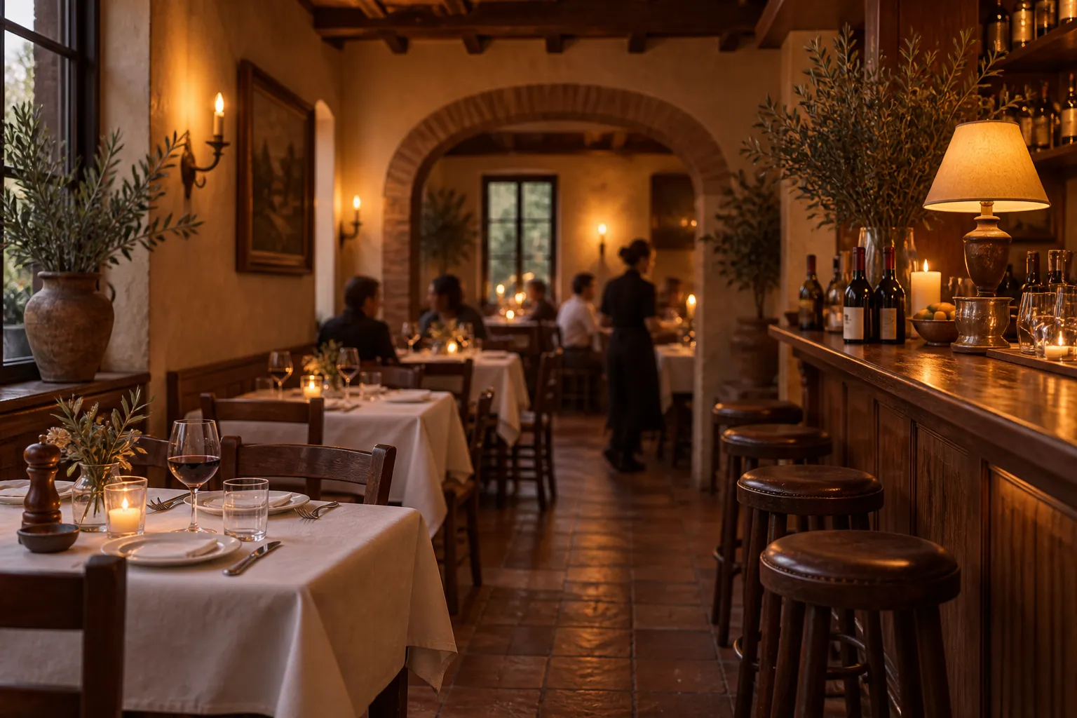 A small dark-wood Tuscan dining room with white tablecloths, warm low lighting and a narrow bar along one wall