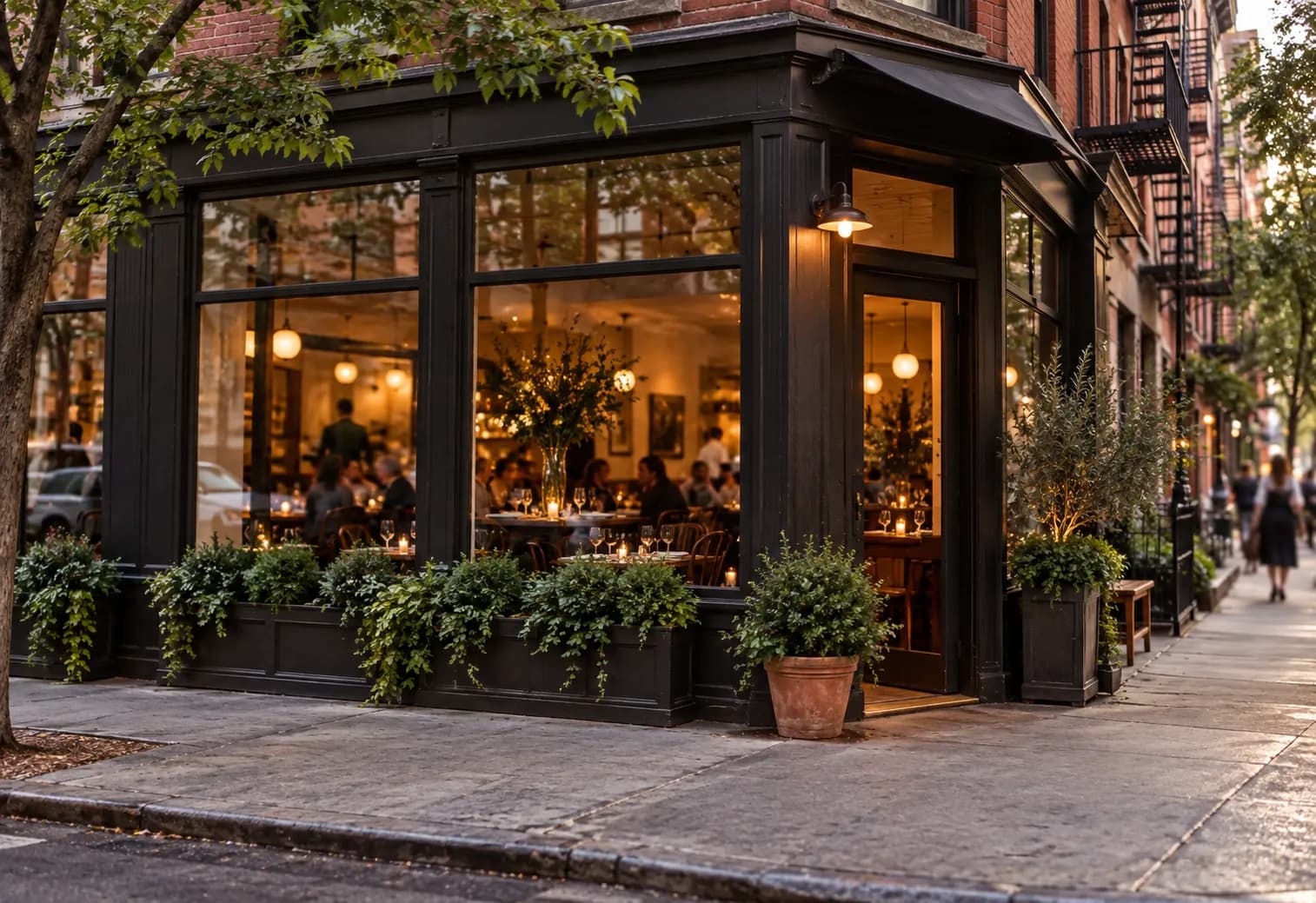A West Village corner restaurant front on Bleecker Street with large windows and a discreet entrance